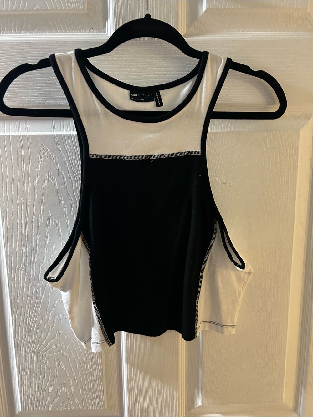 ASOS DESIGN Crop Top Black and White Color Block Exposed White Stitching Size 12